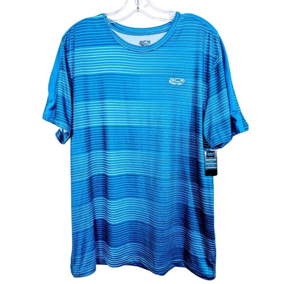 ACX Active New Athletic Top Shirt Mens Large Short Sleeve Blue Stripe Gym Casual - Picture 1 of 5
